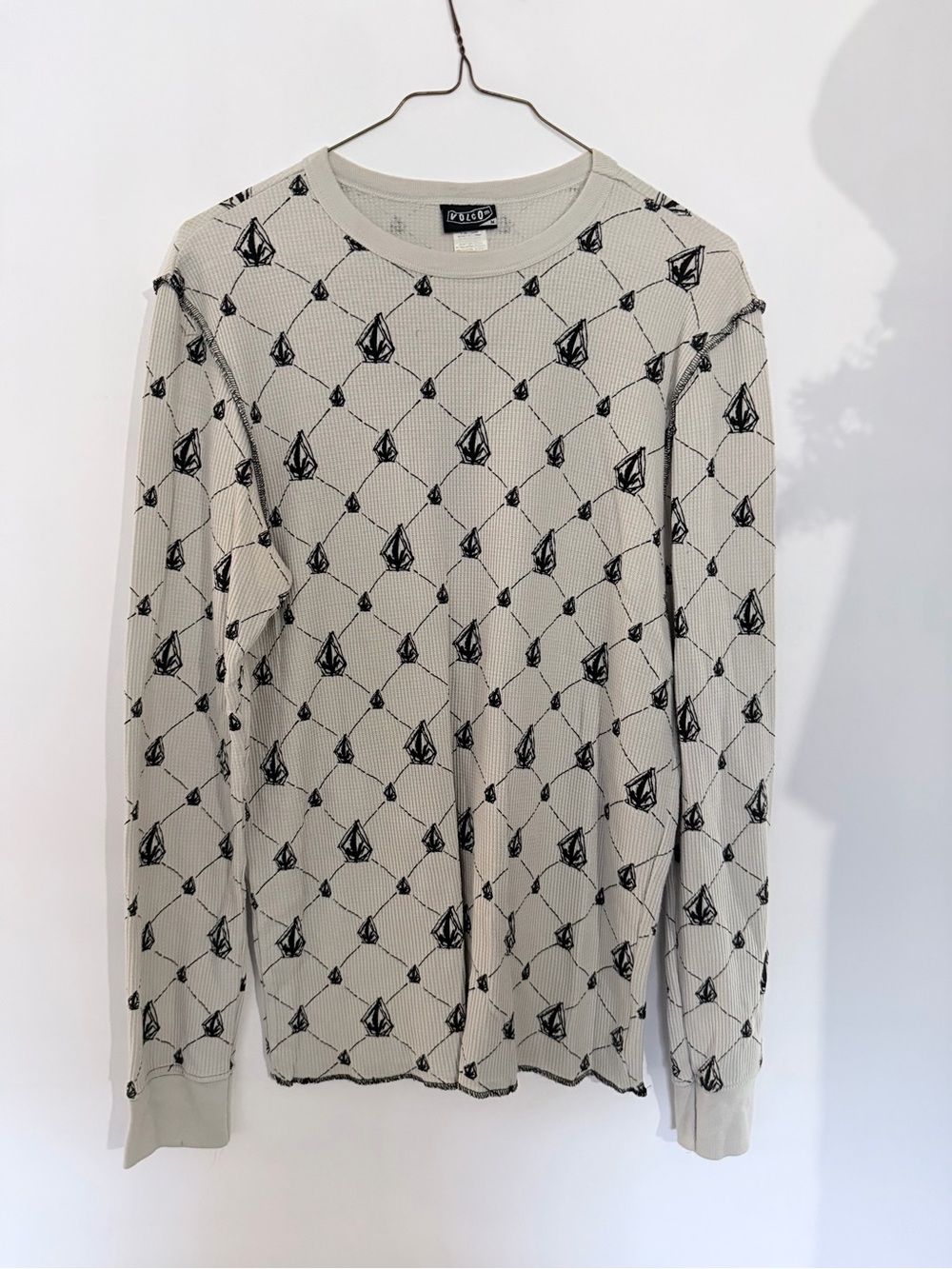 Volcom Crewneck Waffle Knit Sweater - Light Gray with Black Print